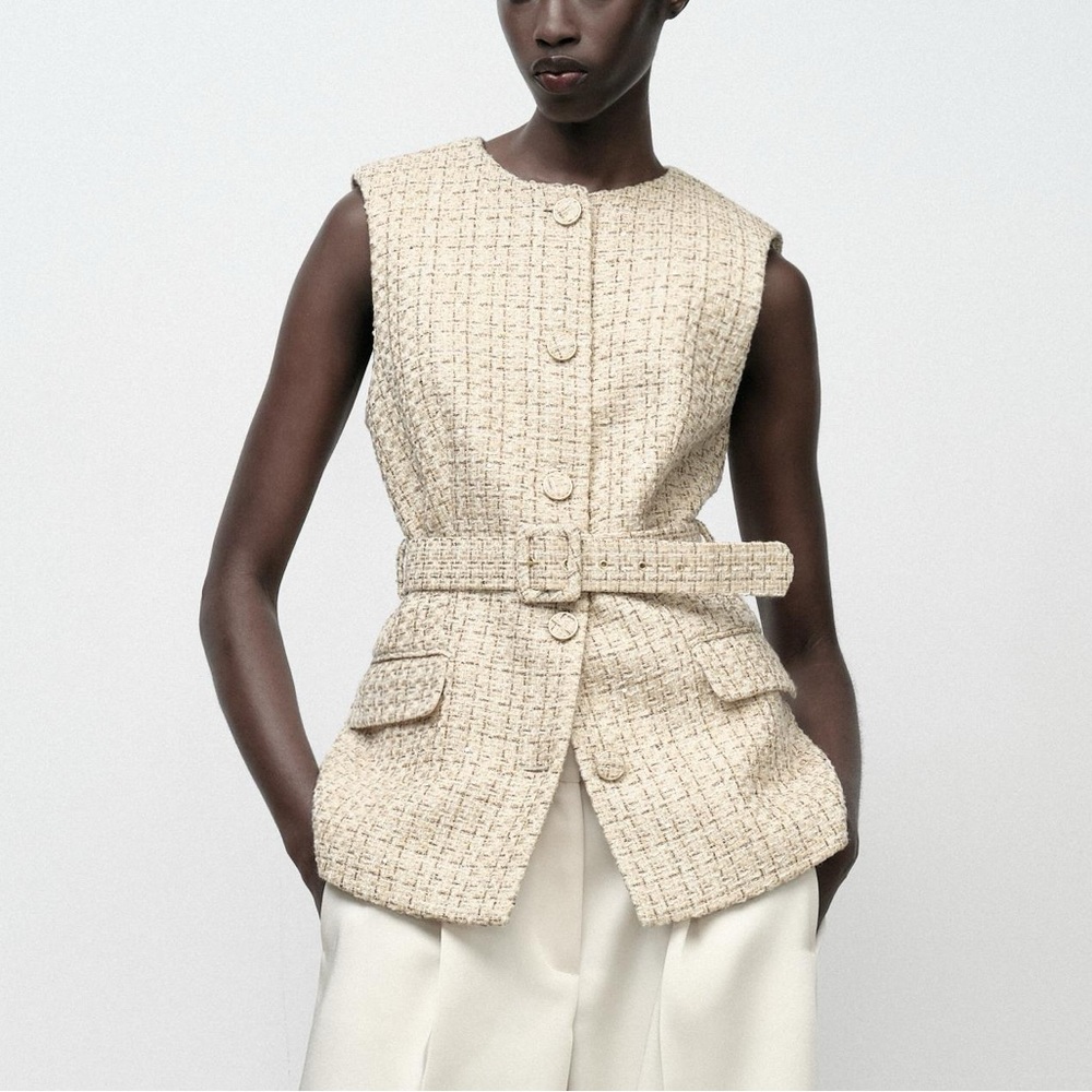 Zara creme tweed vest with belt